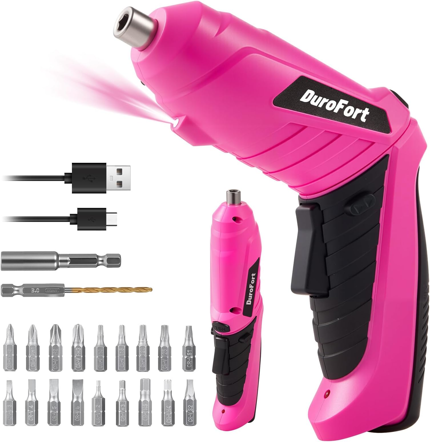 Durofort 3.7V Cordless Electric Screwdriver Set, Pink Rechargeable Small Screwdriver Drill Kit with 25Pcs Driver Bit, 3Nm Screw Gun with 2 Position Handle, 1300mAh Flexible Shaft LED Light for Women