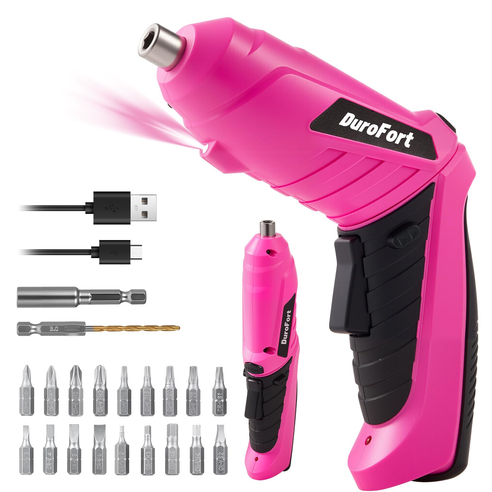 3.7V Cordless Electric Screwdriver Set, Pink Rechargeable Small Screwdriver Drill Kit with 25Pcs Driver Bit, 3Nm Screw Gun with 2 Position Handle, 1300mAh Flexible Shaft LED Light for Women