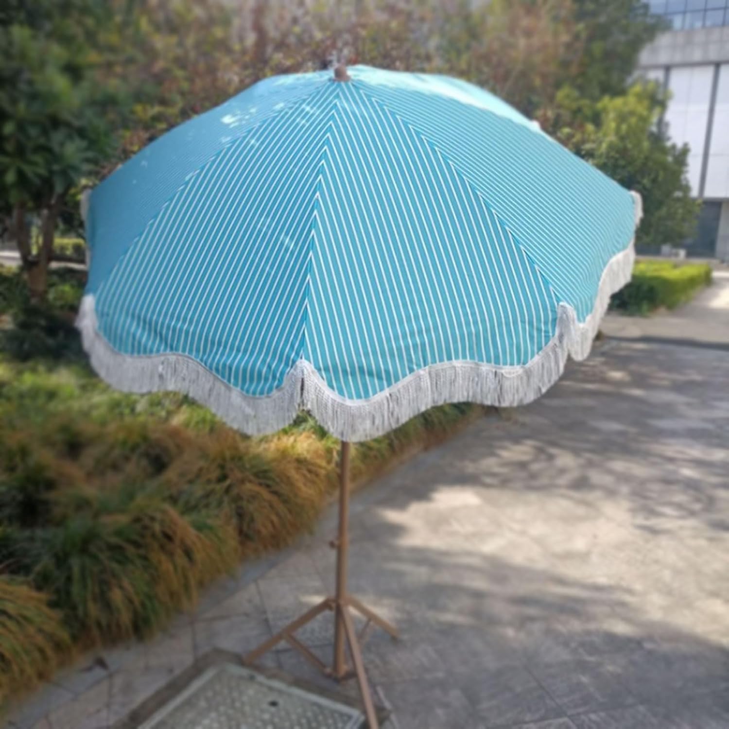 Tassel Patio Umbrella Lightweight Sun Shade Umbrella Button Tilt Outdoor Table Umbrella Portable Stripe Beach Umbrella