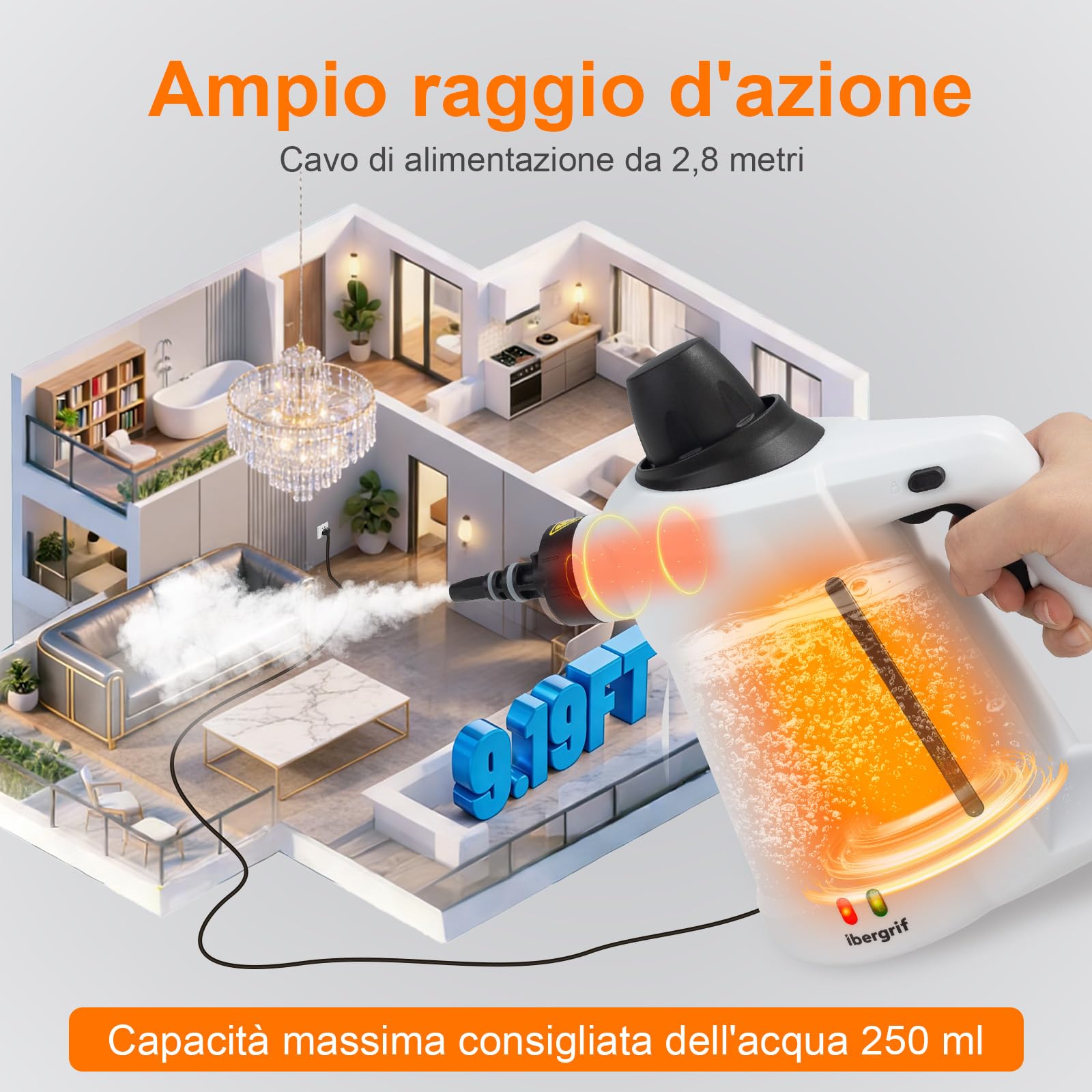 Ibergrif Pulitore a Vapore Portatile, Pistola a Vapore 1050W con 12 Accessori, 3 Bar Alta Pressione, Soluzione Naturale Senza Additivi, per Divani, Cucina, Fughe e Vetri, 350ml, Bianco