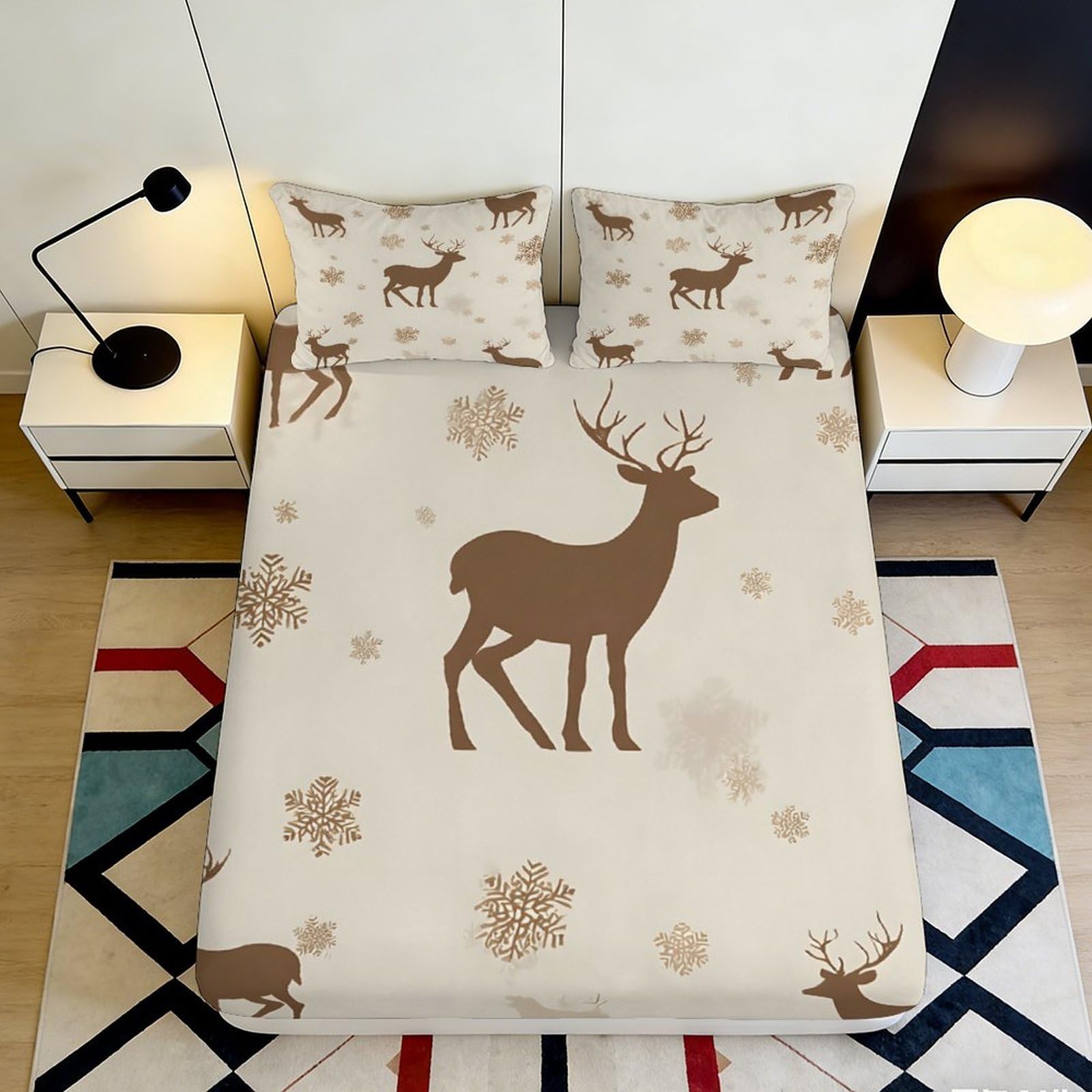 Pnayamiorkfel Style-10 3D Printed Deer Snowflake Fitted Sheet Microfiber Anti-Slip Bed Cover Bedroom Decor Machine Washable Dustproof 90X200x25cm