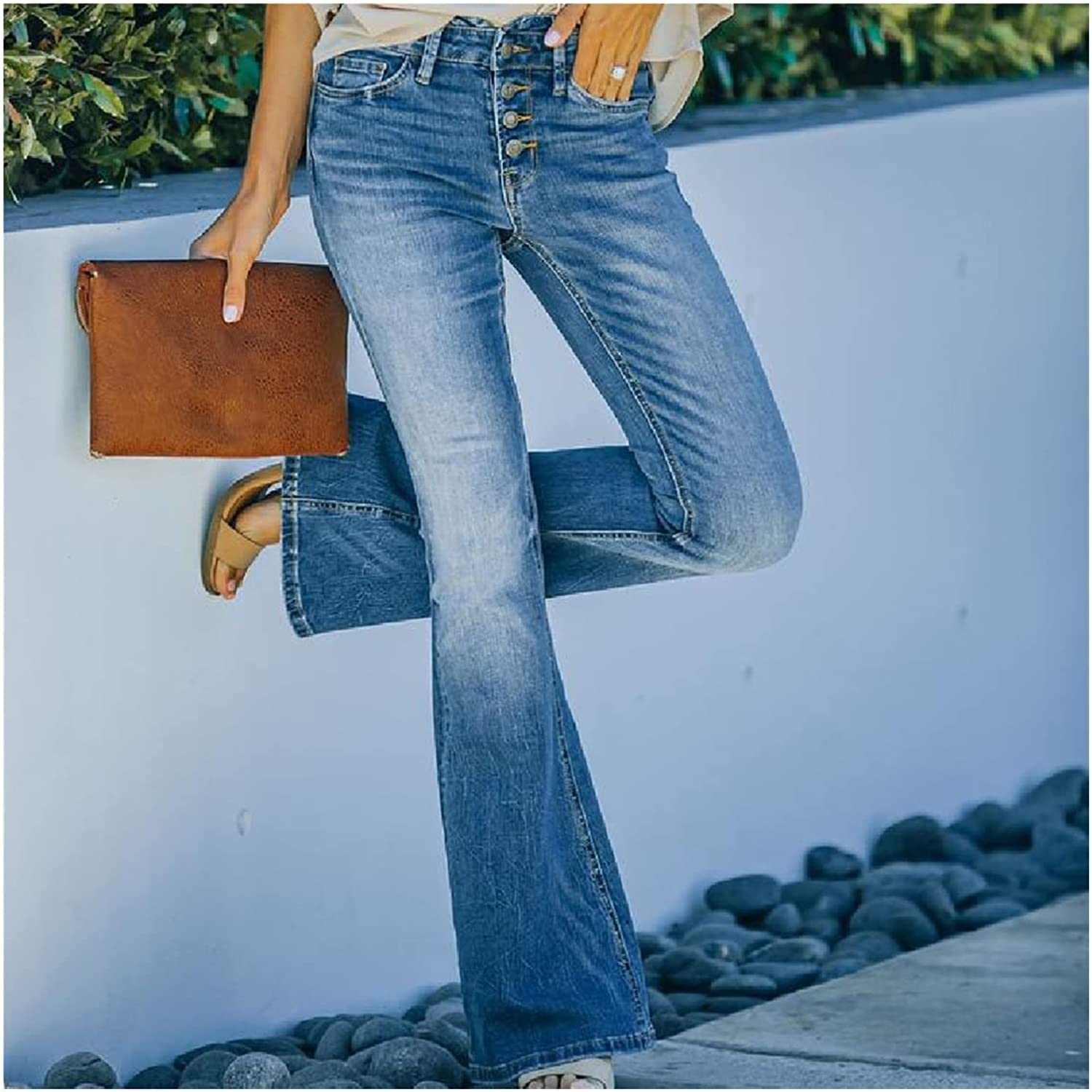 Jeans De Pierna Acampanada Cintura Alta Con Botones Vintage De Los Años 90, Pantalones De Pierna Ancha Tiro Alto Jeans De Mezclilla Azules Elásticos, Classic Pull-On Stretch Denim Bell Bottom Vaqueros