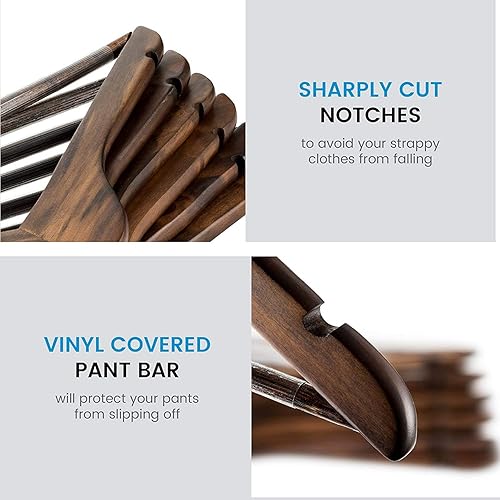 Vista 30 de Perchas de madera de alta calidad con barra antideslizante para pantalones, acabado liso, madera maciza, gancho giratorio de 360°, muescas cortadas