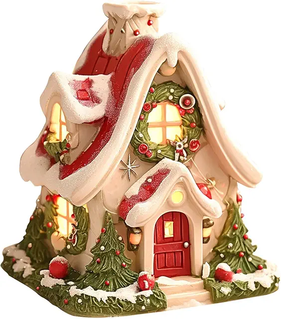 Christmas Log Cabin Incense Burner - Snowy House Holder with Accessories