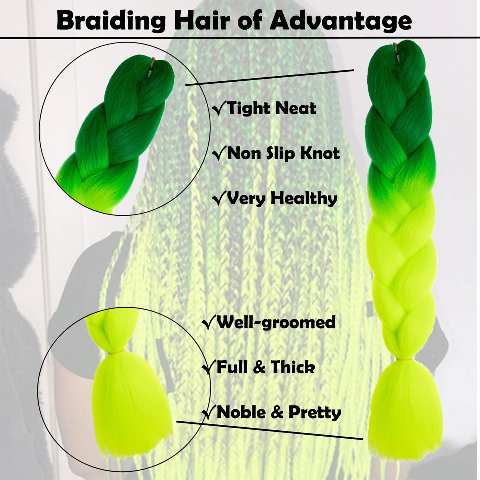 Braiding Hair Extensions Braiding Hair Fashion Synthetic Braid Hair Extensions for Women Braiding Coloured Hair for Braiding DIY Wigs Cosplay (Dark Green to Yellow Green) - Image 2