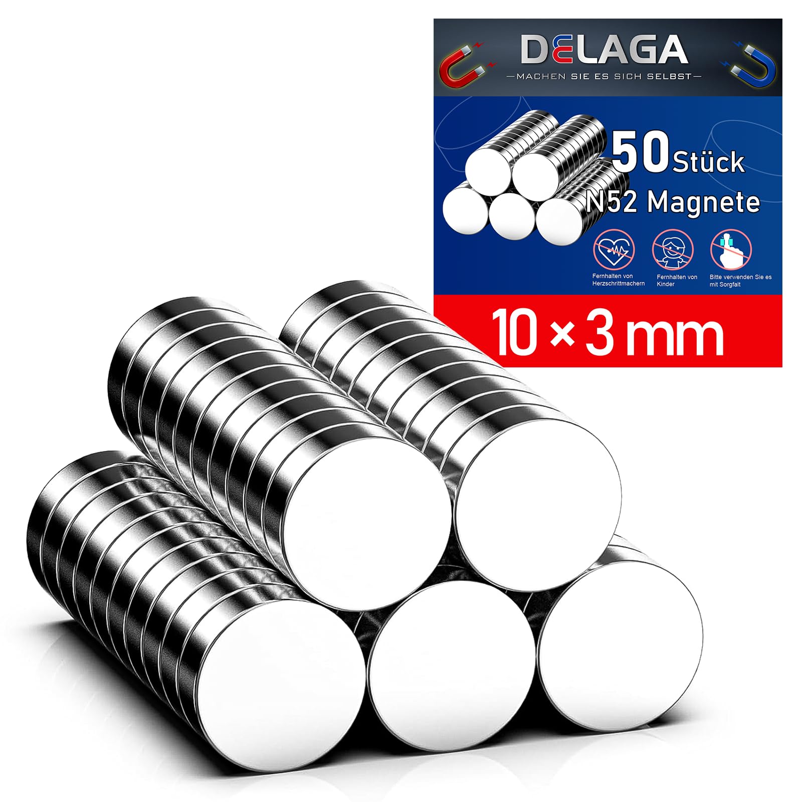 Pack of 50 Mini Magnets 10 x 3 mm, Extra Strong N52 Magnet Small for Multiboard, Multibin, 3D Printing Projects, Tool Holder, DIY Organiser, Workshop, Office, Fridge