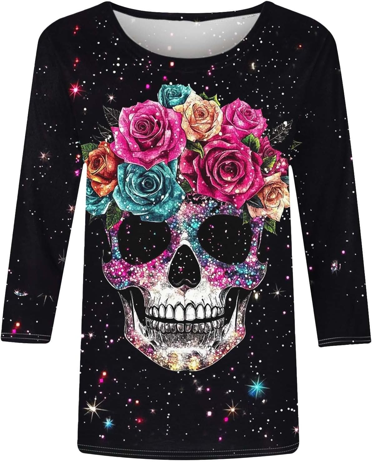 Womens Tops Trendy Print Tees 3/4 Sleeve Crewneck Blouse Floral Skull Steampunk Colorful Clothes for Day of The Dead