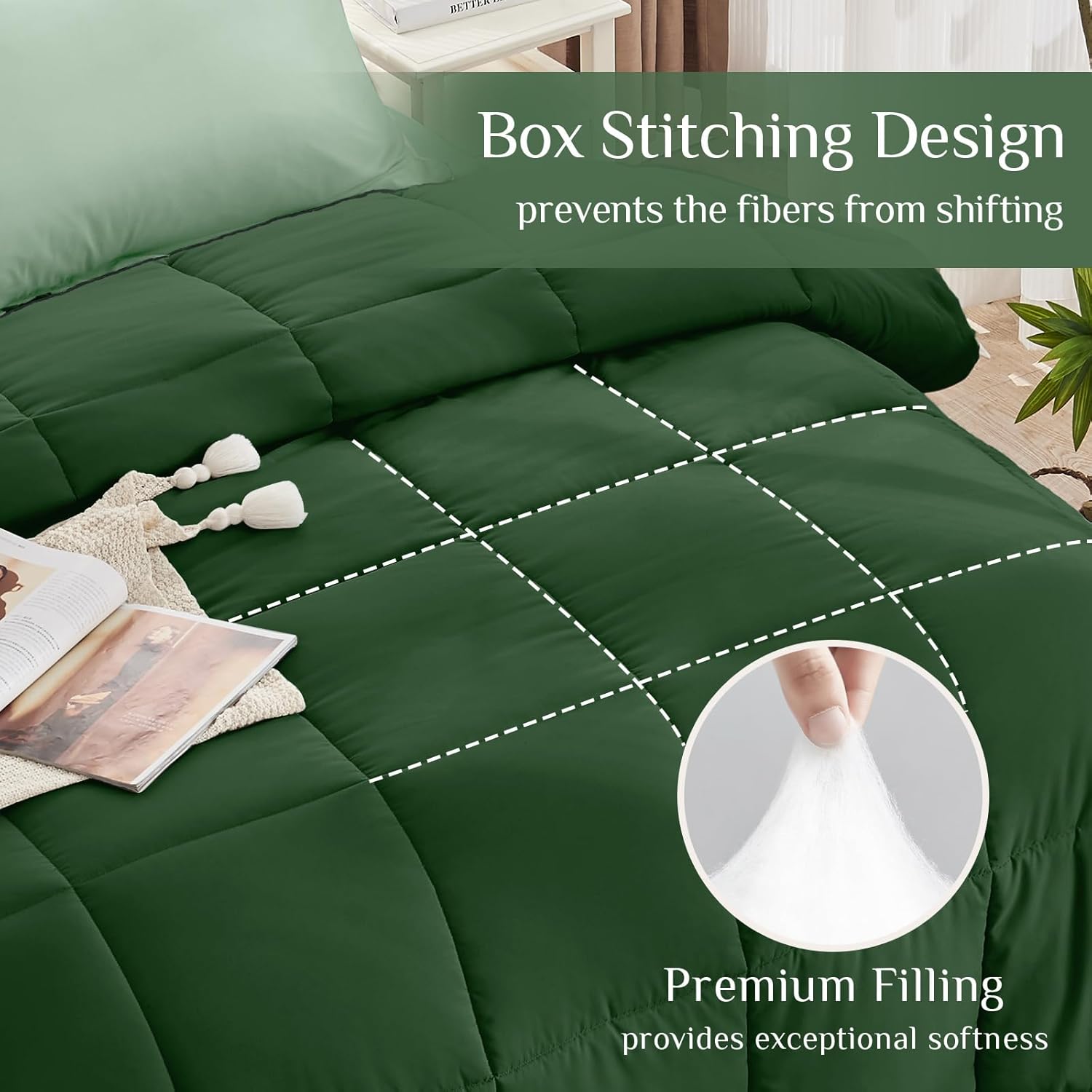 JOLLYVOGUE Queen Comforter Set, Ultra-Soft Bed in a Bag Queen Size 7 Pieces, Oeko-TEX Certified Bedding Set with Down Alternative Comforter, Sheets, Pillowcases & Shams, Dark Green & Light Green - Image 3