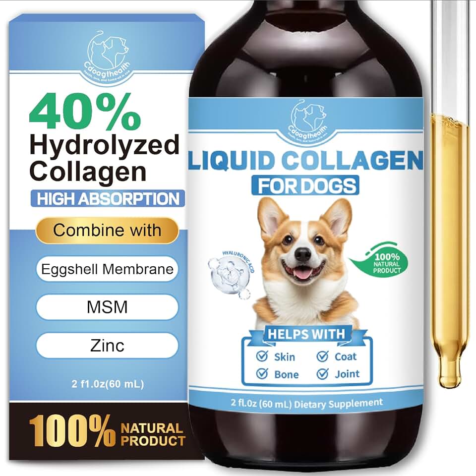 Premium Liquid Collagen for Dogs - Promotes a Glossy Coat, Hip & Joint Flexibility - Easy-Absorb Hydrolyzed Collagen Peptides with Eggshell Membrane - 2 fl oz