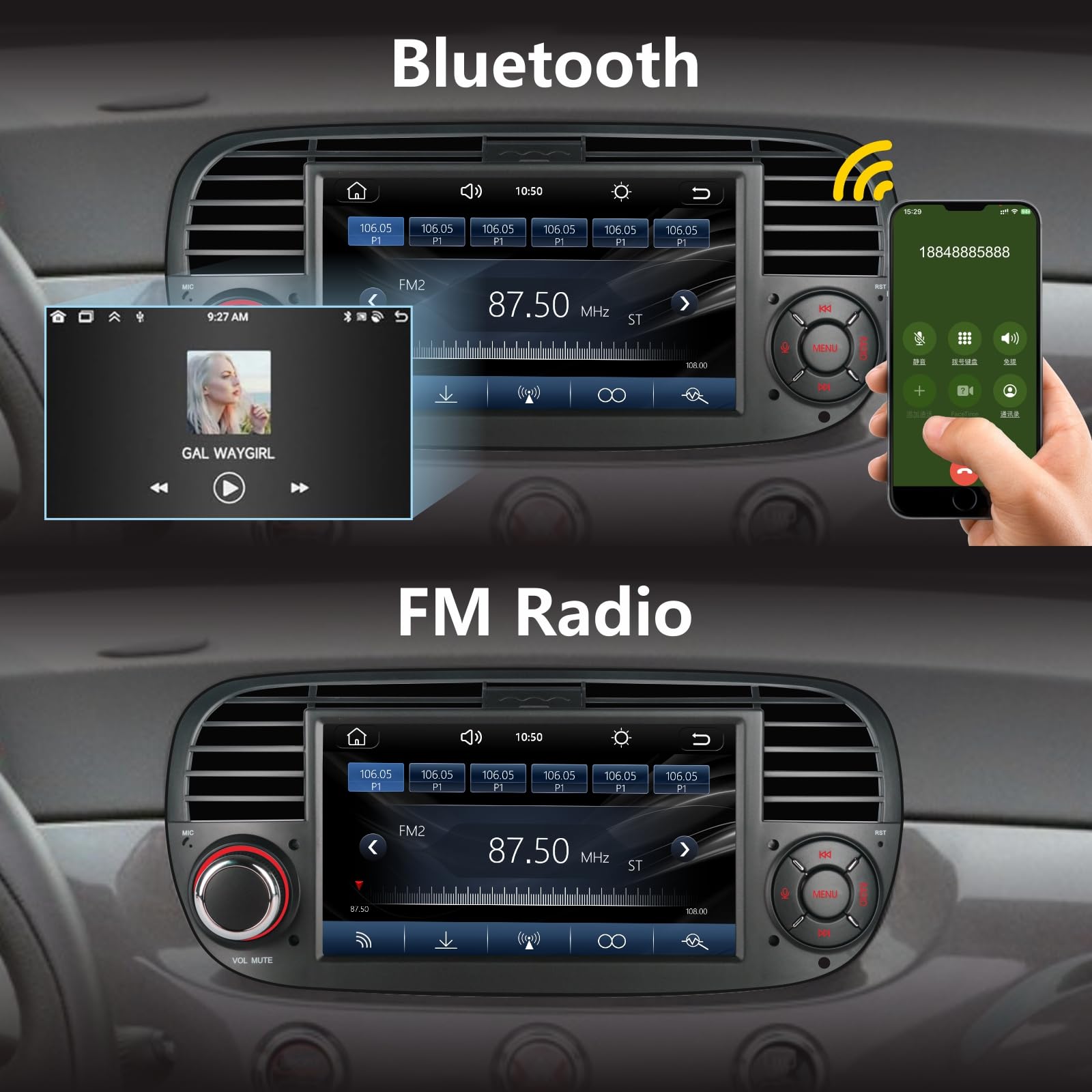 Doppel-DIN-Autoradio kompatibel mit drahtlosem Carplay Android Auto für FIAT 500 2007-2015-Zoll IPS Bluetooth/FM/AM Radio/USB/EQ (Schwarz)