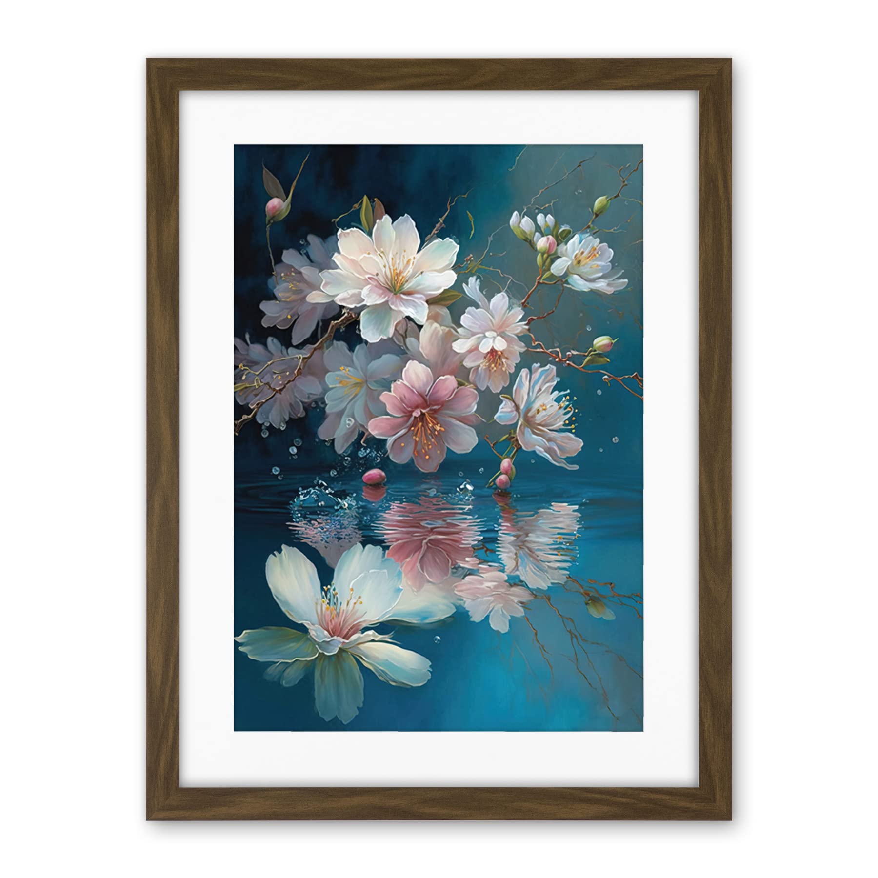 Cherry Blossom Branch Dancing Over Water Modern Watercolour Painting Artwork Framed Wall Art Print 18X24 Inch