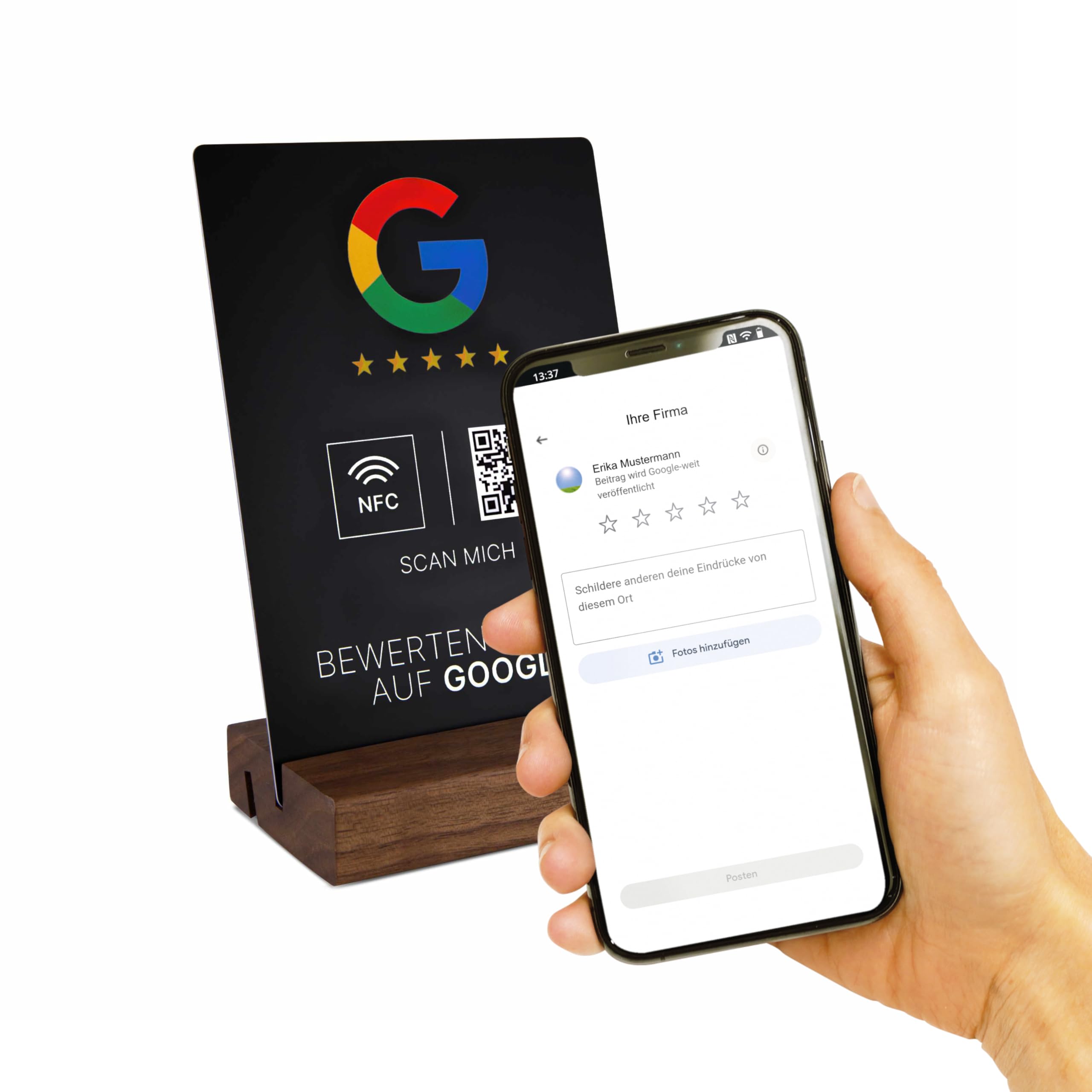 Google Bewertung NFC Schild, PVC, 105 x 148 mm, fertig eingerichtet, mit NFC und QR-Code für einfache Kundenbewertungen, Google Bewertungskarte (Schwarz)