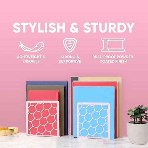 Vista 28 de GEOMOD Sujetalibros geométricos de metal amarillo de panal decorativos, extremos altos y resistentes para estantes, moderno y resistente, soporte