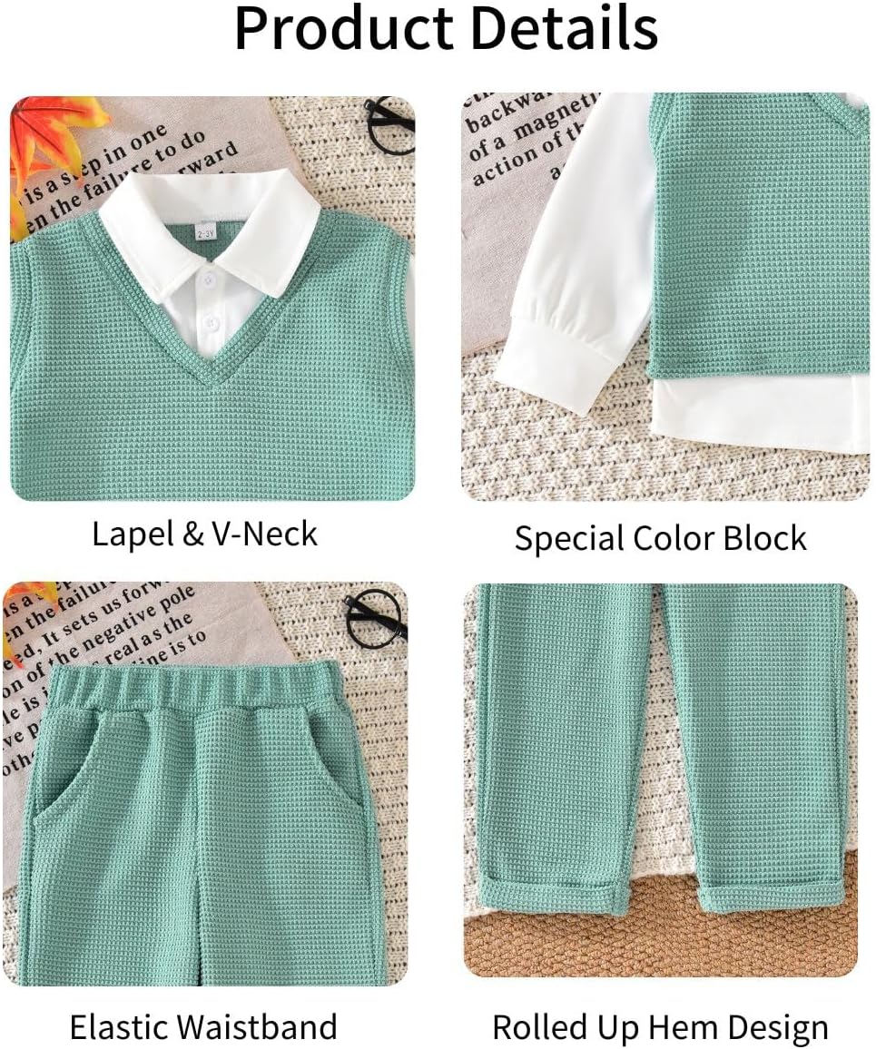 HIHA Toddler Boys Fake Two-Piece Waffle Tops Pant Set Fall Winter Clothes 2-7 Years