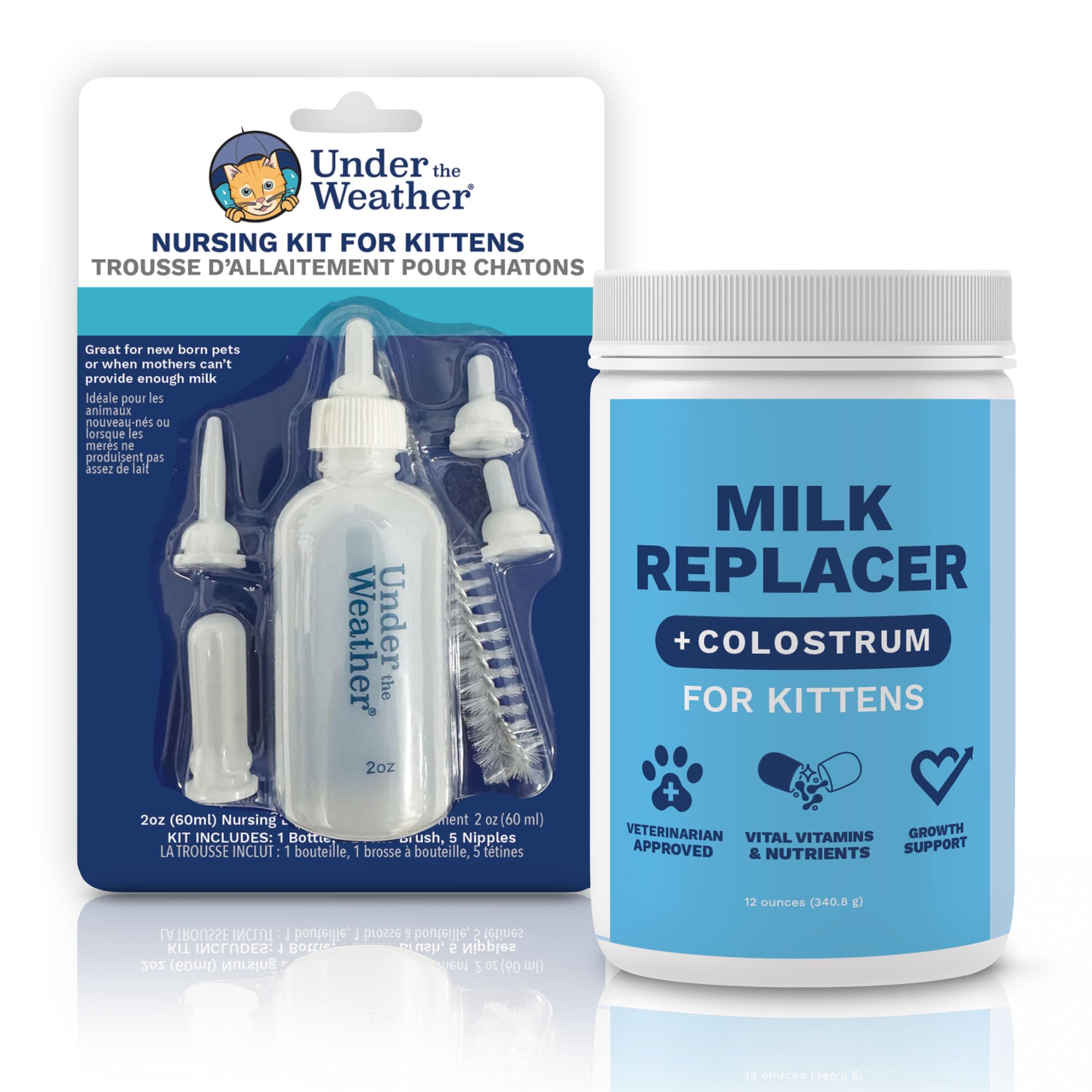 Under the Weather Polvere sostitutiva del latte per gattini + kit biberon | Formula sostitutiva del latte con colostro, biberon, 5 misure per capezzoli e spazzola per la pulizia | Set completo per