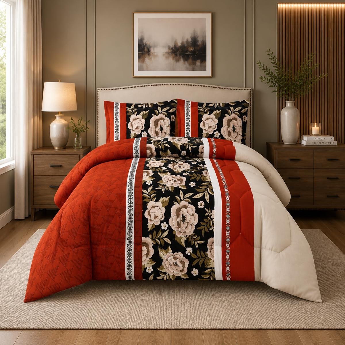 Trendy Printed King Bedspread Red with Matching Pillow Shams Microfiber Front and Reverse 300GSM Polyester Filling Ideal Bed Throw for All Seasons