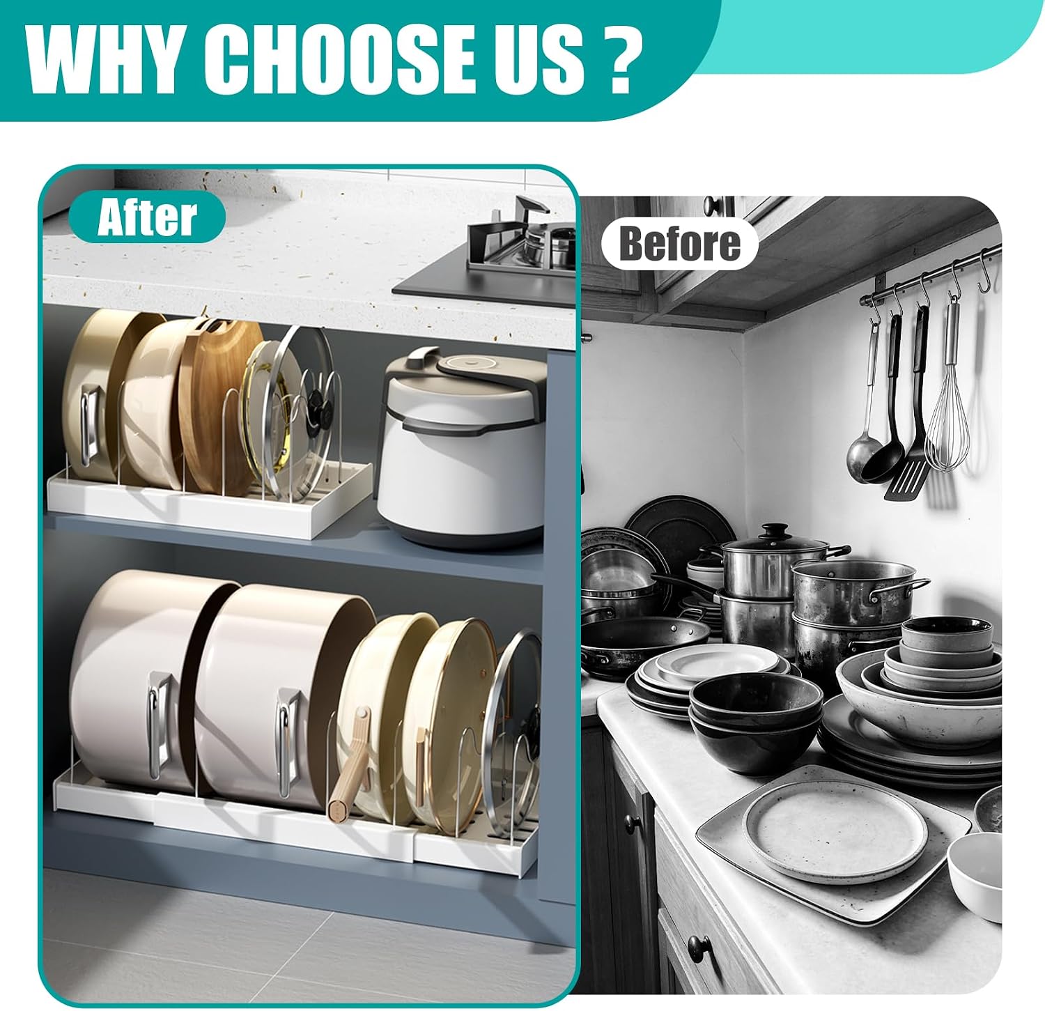 Pot Rack:Expandable Pan Organizer for Cabinet,Pot Lid Holder with 6 Adjustable Compartment for Kitchen Cabinet Cookware Baking Frying Rack,Apricot