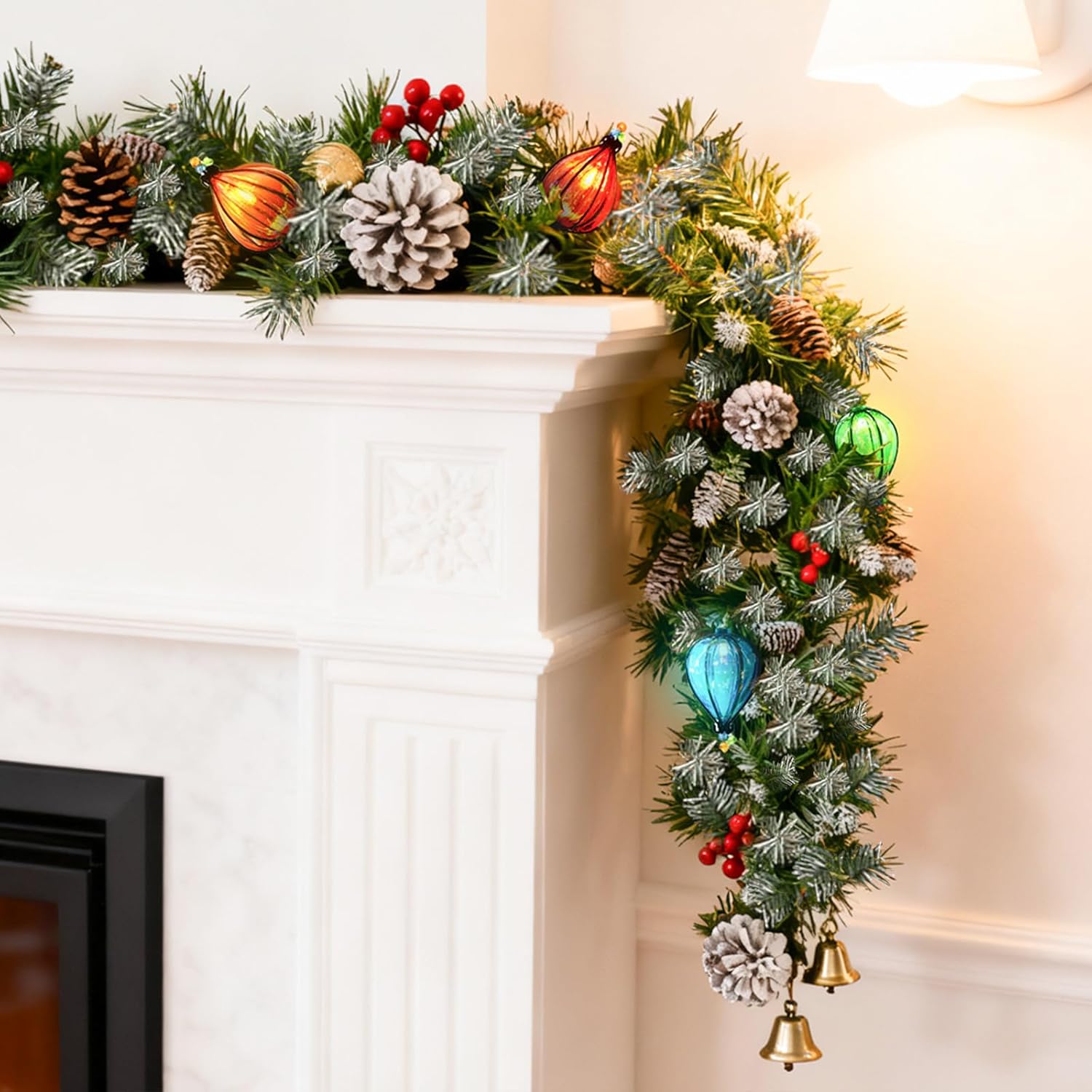 9FT Flocked Christmas Garland, Artificial Snowy Xmas Garland, Indoor Outdoor Winter Garland with Pine Cones and Red Berries for Christmas Decorations Table Mantle Room