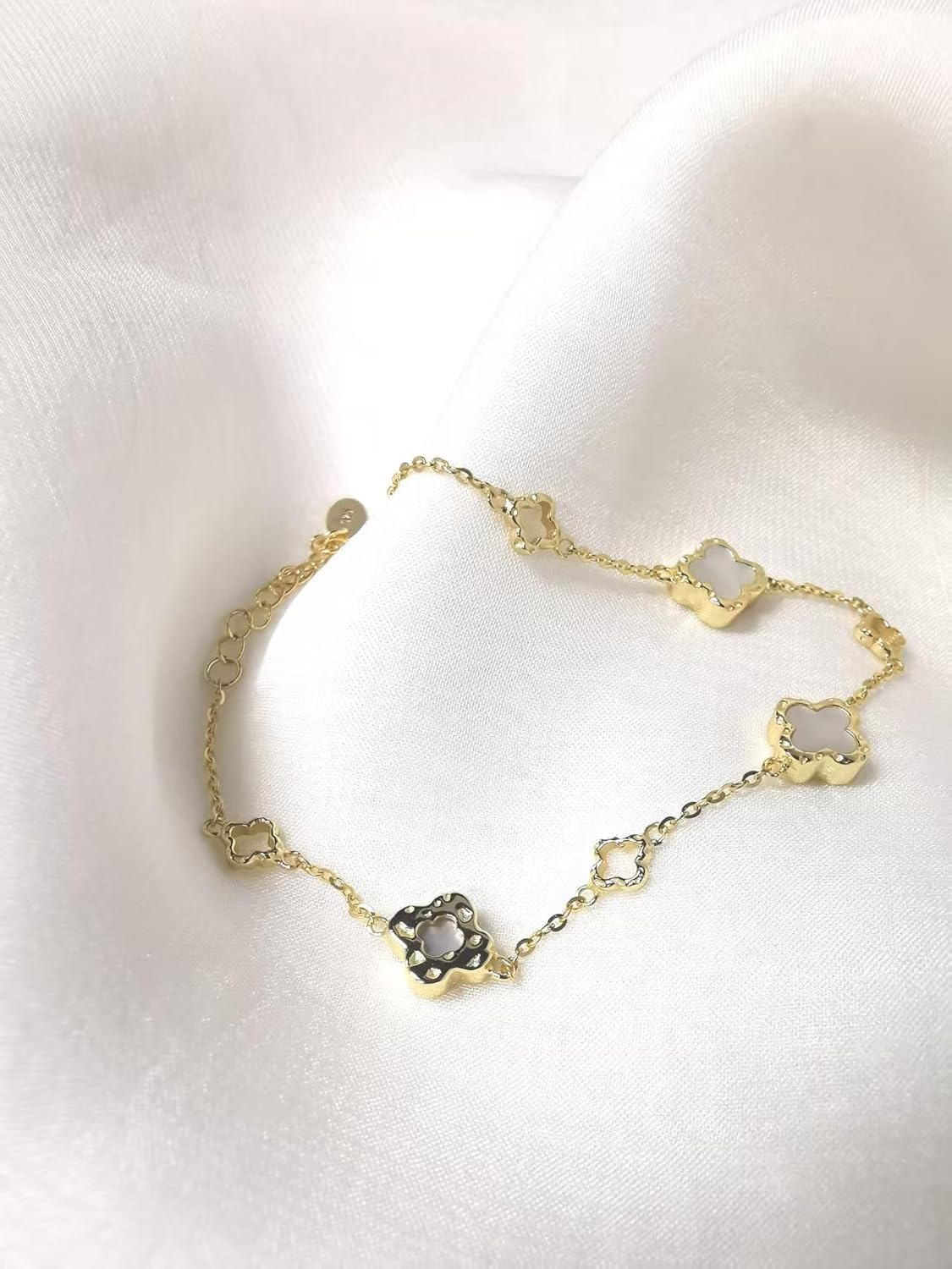 Sterling Silver 14K Gold-Plated Clover Bracelet with Mother of Pearl Four-Leaf Charm, Good Luck Gift for Women - Image 5