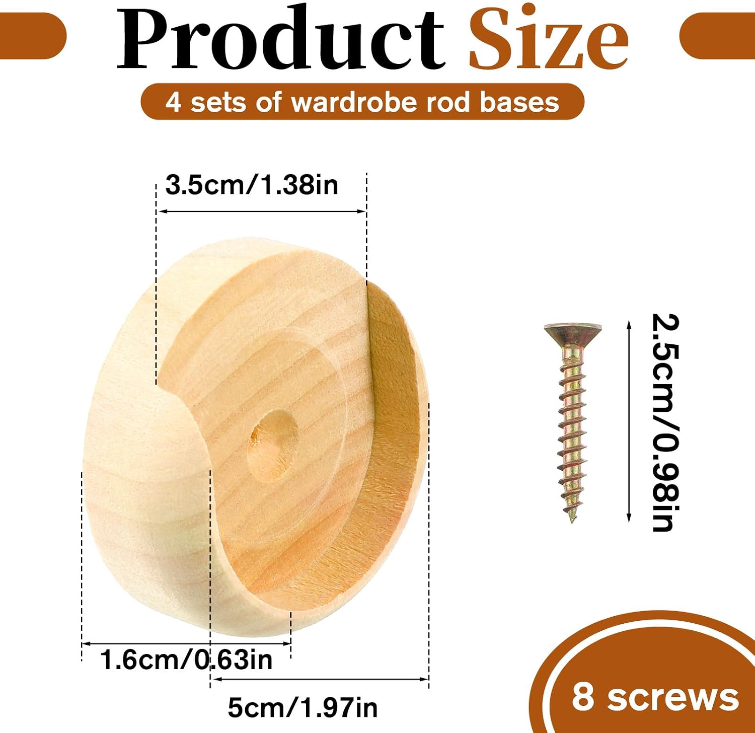 4 Pack Closet Pole Socket Wooden Closet Rod Bracket Wooden Curtain Rod Bracket Pole Socket with Screws for 1-3/8" Poles Wall Wardrobe Hallway Bathroom Hanging Clothes