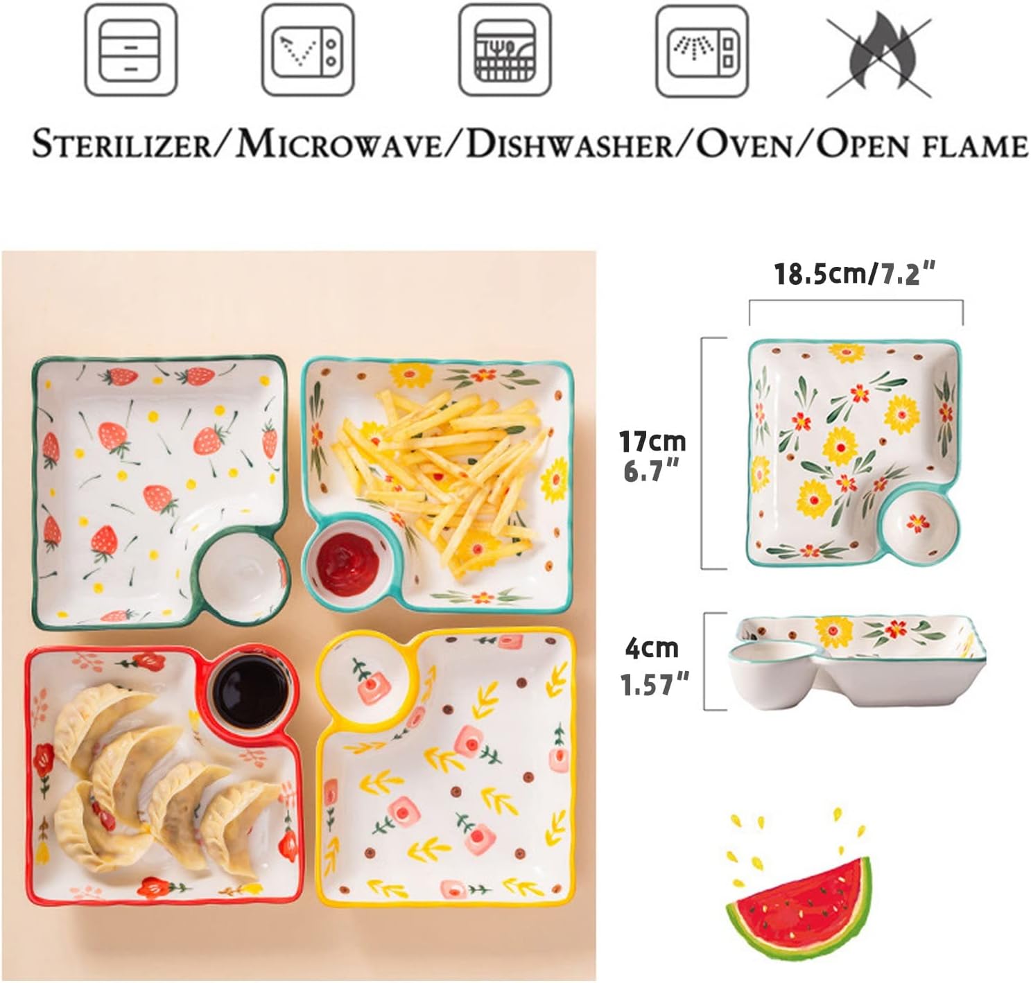 Weight Management Tableware - Chip and Dip Set, 1 Pack Ceramic Divided Snack Serving Plate, Reusable Dipping Sauce Tray for Chips, Sushi, Cupcake, Appetizer, Condiments Dish for Ketchup, Vinegar, Soy,
