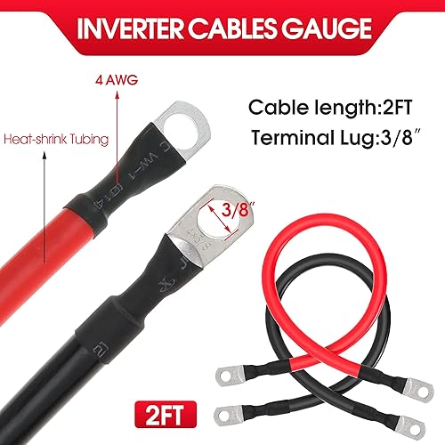 Miniatura 2 de Cable de batería de 4 AWG calibre 4 AWG, cables inversores de batería de cobre puro con terminales de 3/8 pulgadas en ambos extremos, juego