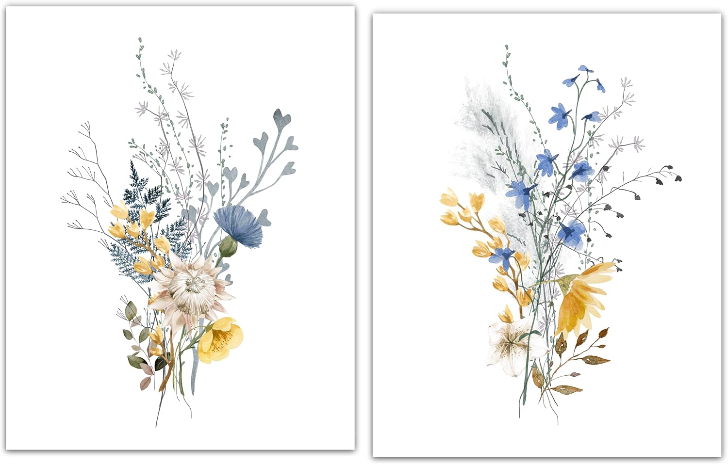 Flower Botanical Wall Art, Vintage Floral Nature Decor, Wildflower Branch Leaf Watercolor in Blue Yellow Neutral, Rustic Cottage Country Farmhouse Artwork Print for Bedroom, Unframed 11X14 set of 2.