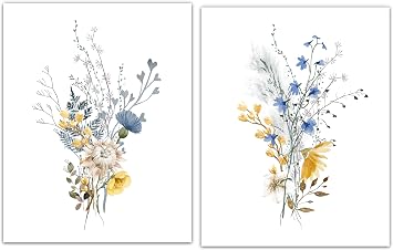 Flower Botanical Wall Art, Vintage Floral Nature Decor, Wildflower Branch Leaf Watercolor in Blue Yellow Neutral, Rustic Cottage Country Farmhouse Artwork Print for Bedroom, Unframed 11X14 set of 2.