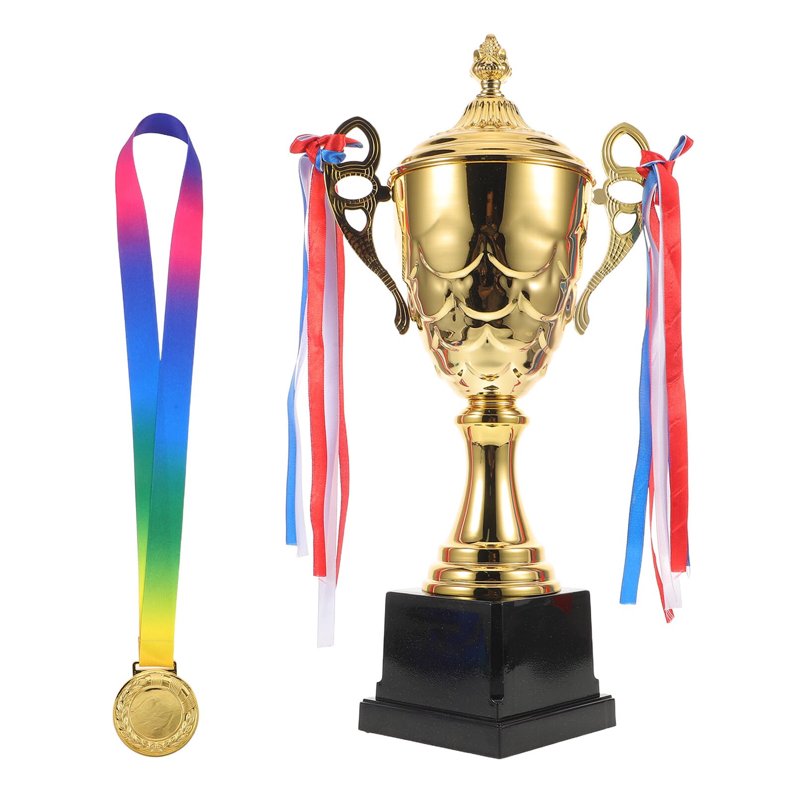 VICASKY Set Trofei e Medaglie Premio Sportivo con Coppa 42 Cm e Medaglia in Metallo Oro con Nastro per Competizioni Atletiche, Tornei Scolastici e Eventi Aziendali