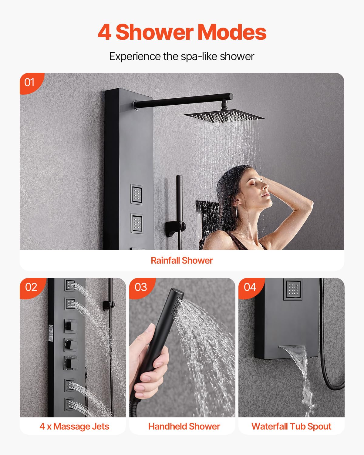 VEVOR Duschpaneel-Turmsystem (4 in 1) mit Regenwasserfall-Duschkopf, (124 cm) Duschsäule aus gebürstetem Edelstahl, Regenmassagesystem zur Wandmontage, mit Handbrause & 4 kleiner Massagedüsen
