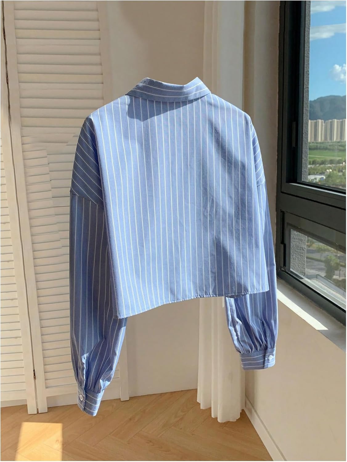 SweatyRocks Women's Striped Button Down Crop Blouse Collar Long Sleeve Work Office Shirts - Image 2