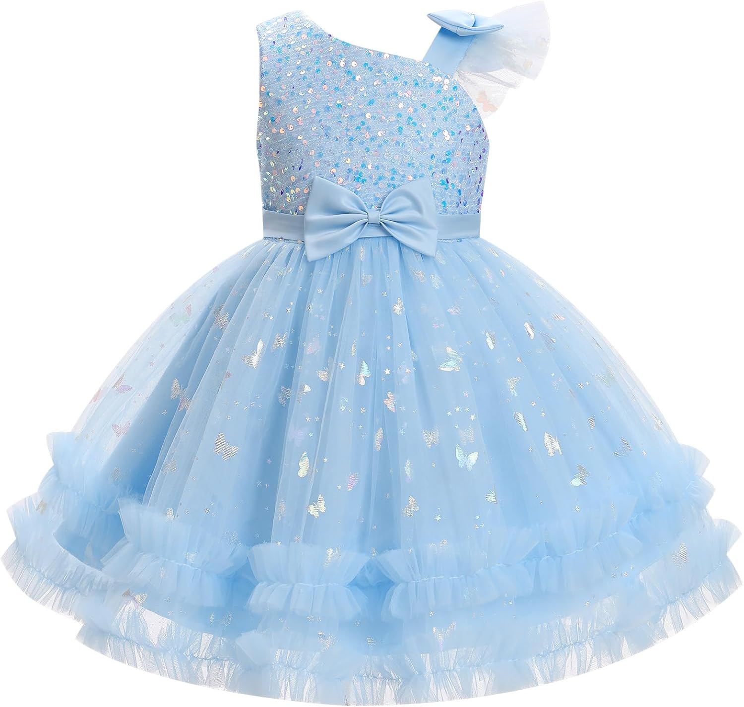 IMEKIS Toddler Baby Girls Pageant Dress Shiny Bow Asymmetric Shoulder Formal Birthday Party Tiered Tulle Gowns 1-8T