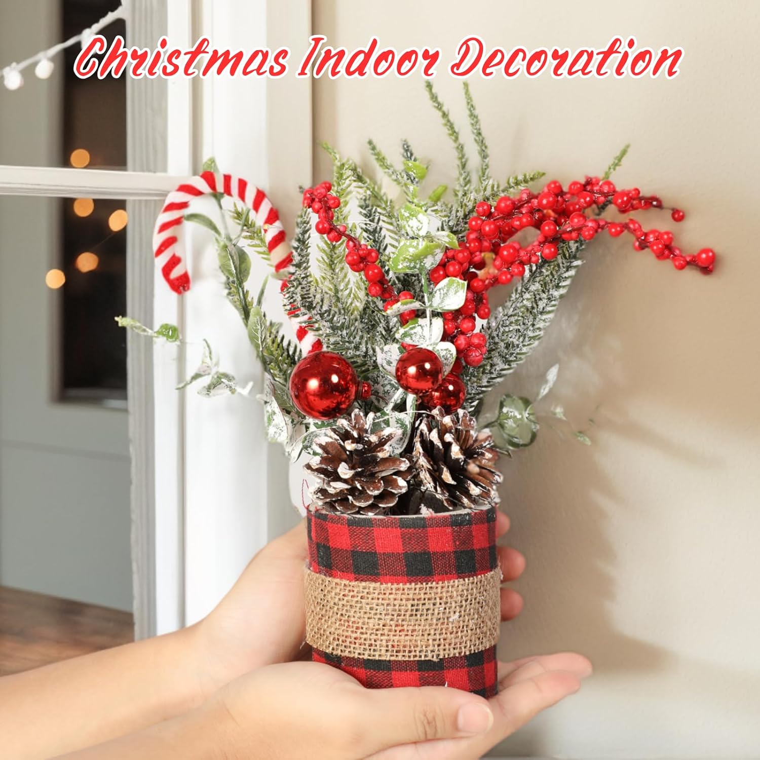 Small Christmas Tree, Mini Christmas Tree with Lights, Artificial Tabletop Tree with Pine Cones Red Berries Christmas Ornaments for Home Indoor Office Table Decorations