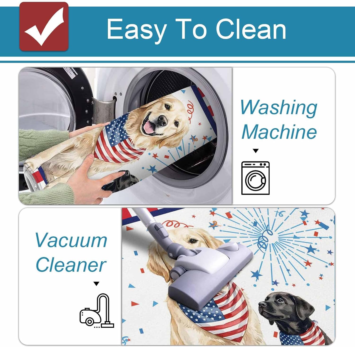 Independence Day Dog Kitchen Mat Set 2 Pieces Red Blue American Flag Star Firework Red Stripe Non Slip Kitchen Rugs Washable Runner Rug Mats for Sink Laundry (15.7" x 23.6"+15.7" x 47.2")