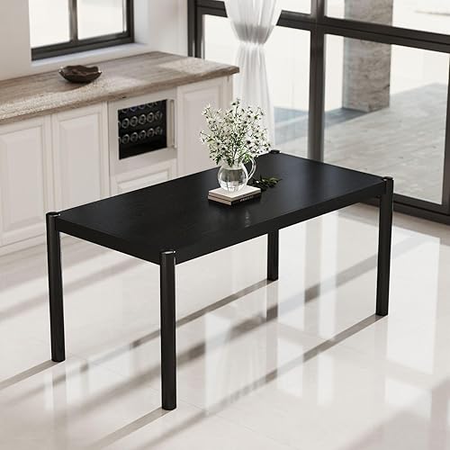 Miniatura 9 de LukeAlon Mesa de comedor de madera negra para 4 a 6 personas, mesa larga de cocina moderna de 64 pulgadas con patas de madera, mesas de comedor