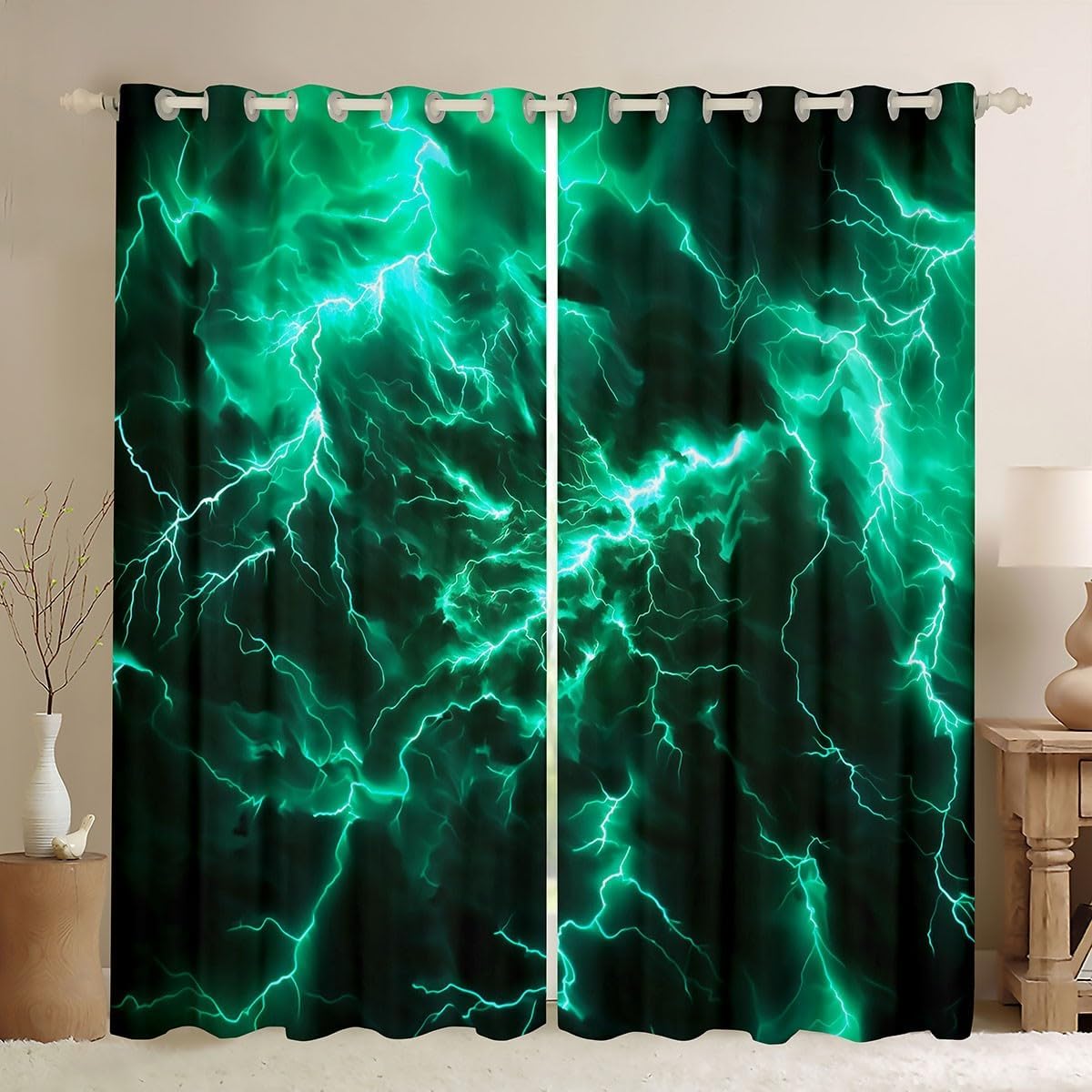 Geometric Lightning Kids Window Curtains,Flash Natural Disaster Modern Window Drapes for Girls Boys,Abstract Nature View Black Fashion Window Treatments Grommet Top 2 Panel Set,38Wx54L inch