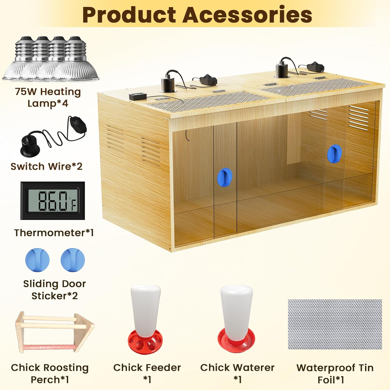 Brooder Box for Chicks, 32 Inch Large Wooden Chicken Brooder Box with 75W Heat Lamps, Thermometer, Chicken Feeder & Waterer Set, Tin Foil, Ideal for 12-15 Newborn Chicks Ducks Quails, Large