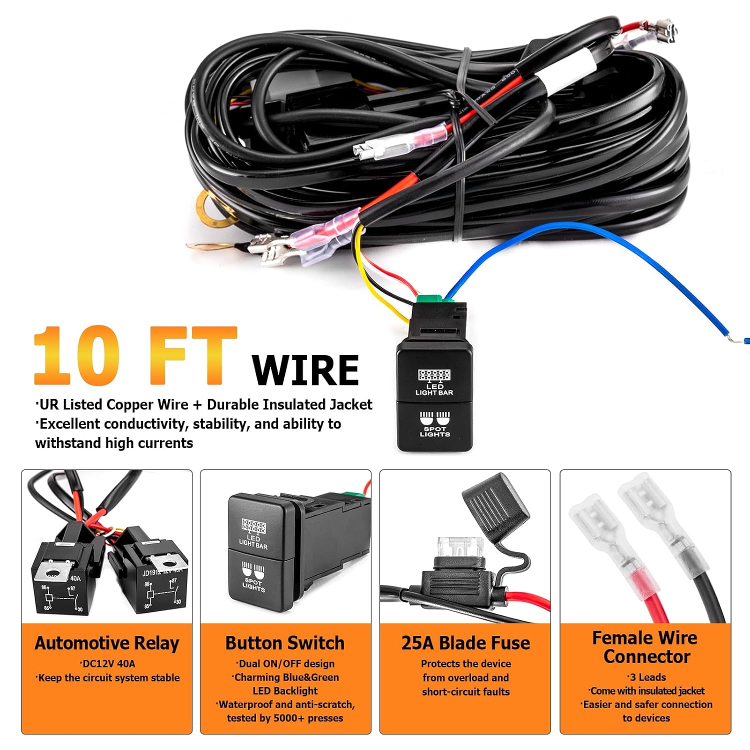 WeiSen 3-Lead LED Wiring Harness kit Light Bar Switch & Spot Light Compatible with Toyota Tacoma Tundra 4Runner RAV4 Highlander with Dual Switch Small Style 1.52″x 0.82″(33mm x 22mm)