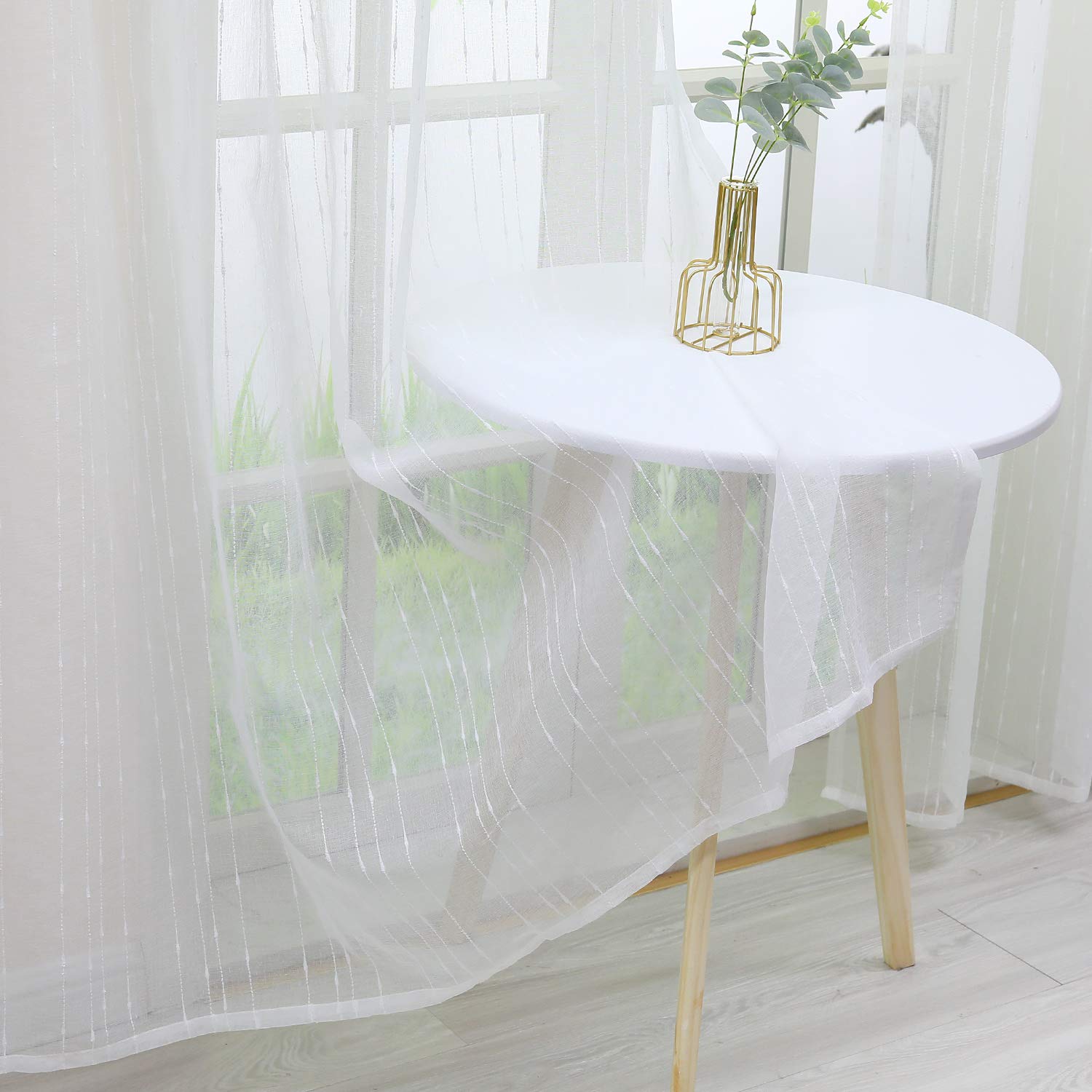 Delien Gardinen in Leinen-Optik Stores Gardine mit Streifen Muster Vorhänge Schlafzimmer transparent Vorhang Fensterschals mit Schlaufen, weiß (2er-Set, je 245x140cm)