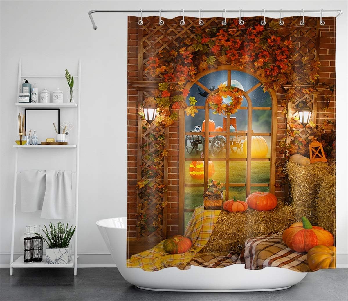 HVEST Fall Halloween Shower Curtain Sets with Rugs Harvest Autumn Maple Leaves Thanksgiving Shower Curtains Horror Pumpkin Lantern Crow Full Moon Bathroom Curtain Polyester Fabric 12 Hooks 69X70Inches