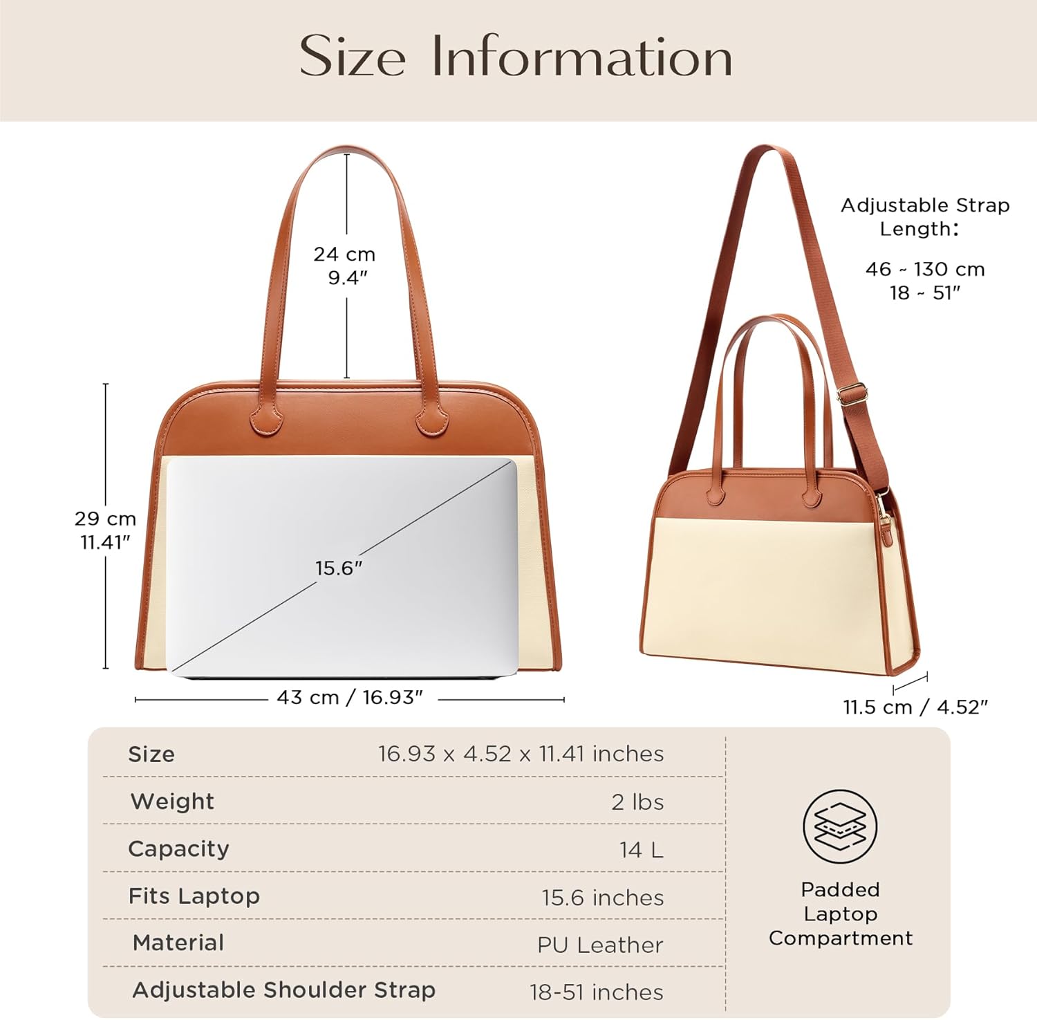 CHUNLI Laptop Bag for Women 15.6" Waterproof PU Leather Work Tote Professional Teacher Bag Office Briefcase Luggage Strap