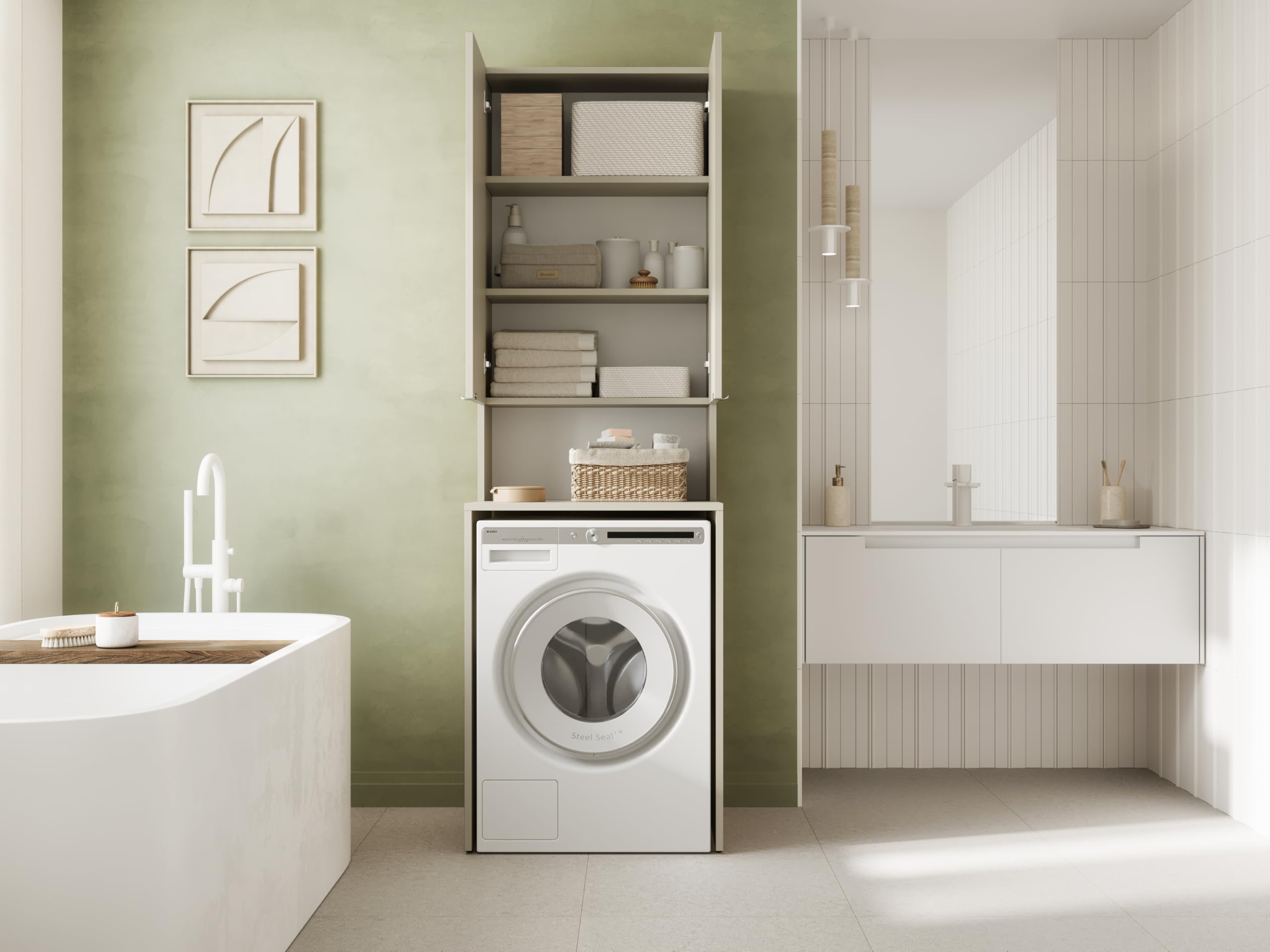 PLATAN ROOM Armadio per lavatrice e asciugatrice, 210 x 66 x 50/56 cm, bianco (cashmere (beige), profondità 56 cm)