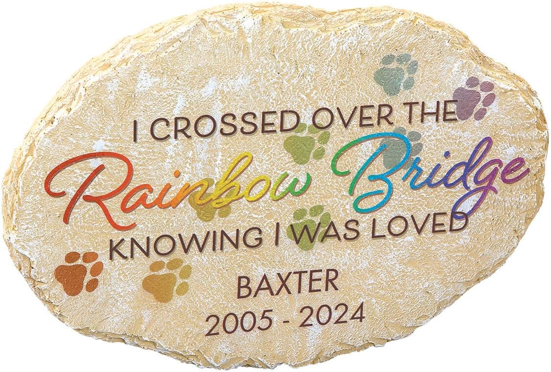 Fox Valley Traders Personalized Oval Rainbow Bridge Pet Memorial Garden Stone, 100% Resin, Oval Shaped – Measures 11 1/2" Long x 8" Wide