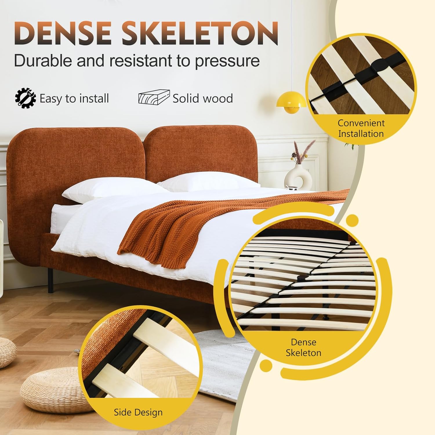 Queen Size Bed with Headboard, Upholstered Platform Bed with Wooden Slat Support, Electroplated Metal Feet, No Box Spring Required, Easy Assembly (OCHER, Queen)