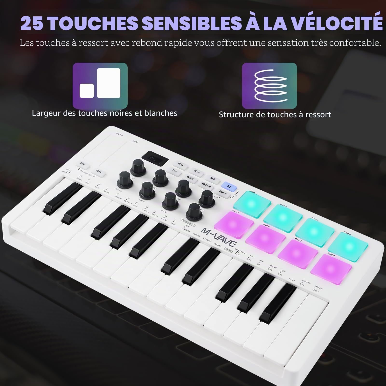 M-VAVE Clavier MIDI USB Portable, Midi Keystation d'arrangement musical, mini clavier 25 touches, électronique MIDI, pavé de contrôleur, batterie intégrée SMK-25 blanc
