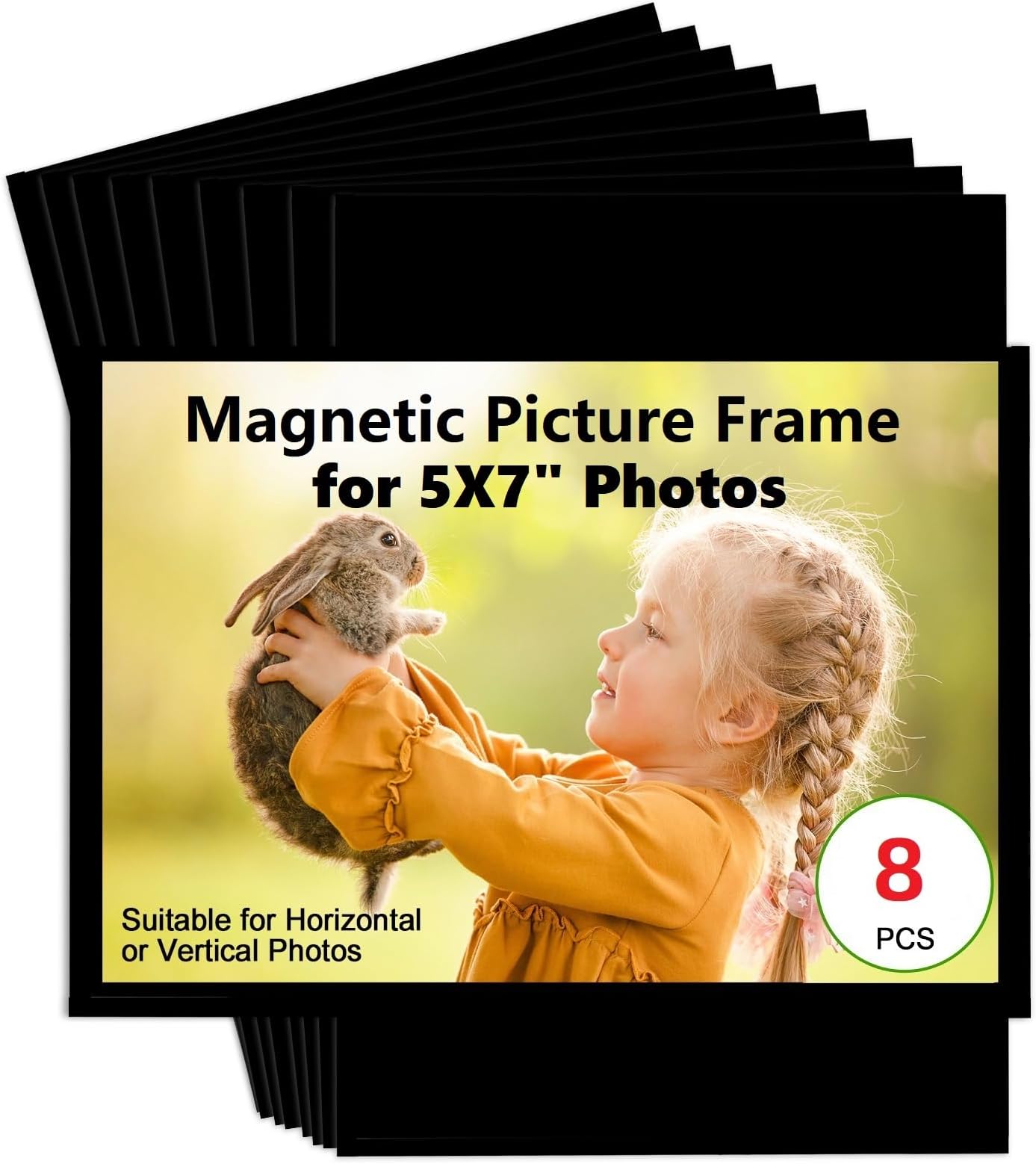 CHUNNIAO Black Magnetic Picture Frame 5X7 for Refrigerator-8 Pack,Black Photo Magnets Sleeves with Film Cover,Less Reflection