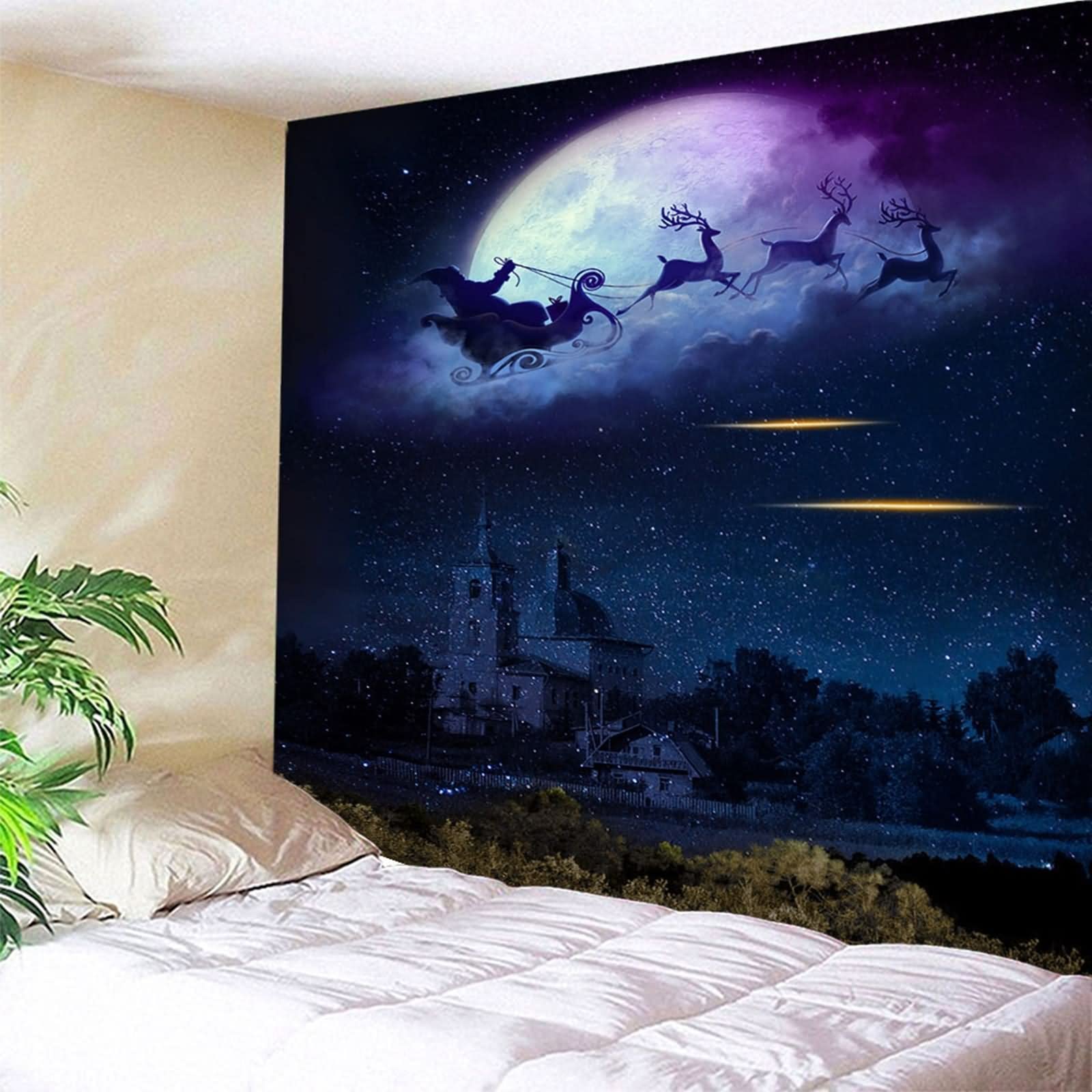 Wandbehang Weihnachten, Wandbehang Wohnzimmer Weihnachtsmann Elchschlittennacht Dunkelblau Polyester 350X256cm