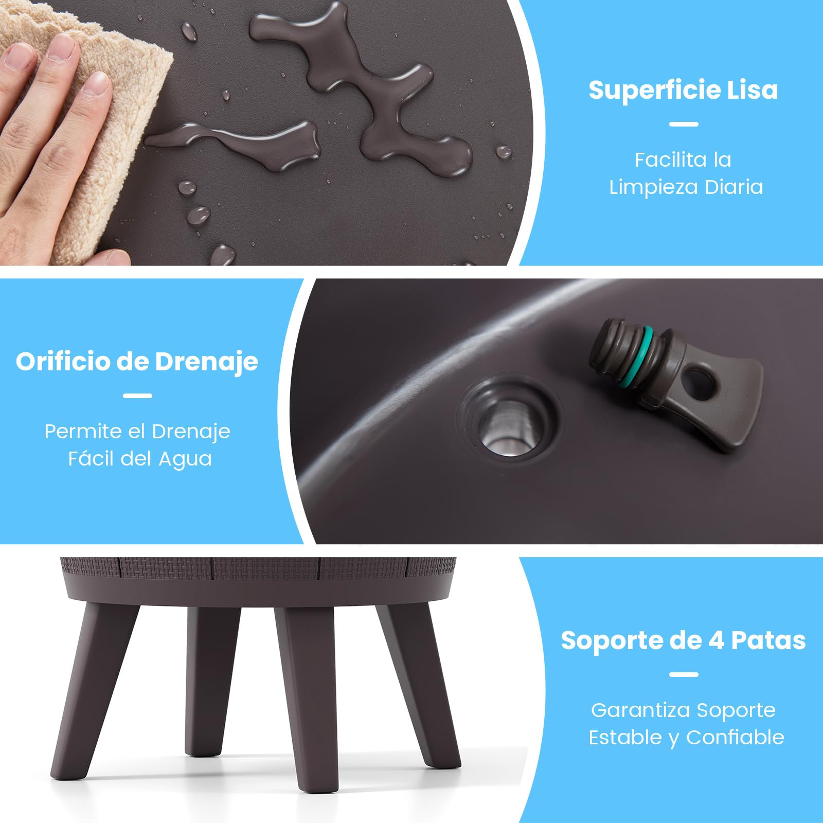 COSTWAY 2 en 1 Mesa Nevera para Jardín, 30 L, Cool Bar para Cerveza y Vino con Tapa Elevable y Tapón de Drenaje, Mesa Auxiliar, Mobiliario Patio, Mesa Cóctel para Piscina, Terraza y Camping (Marrón)