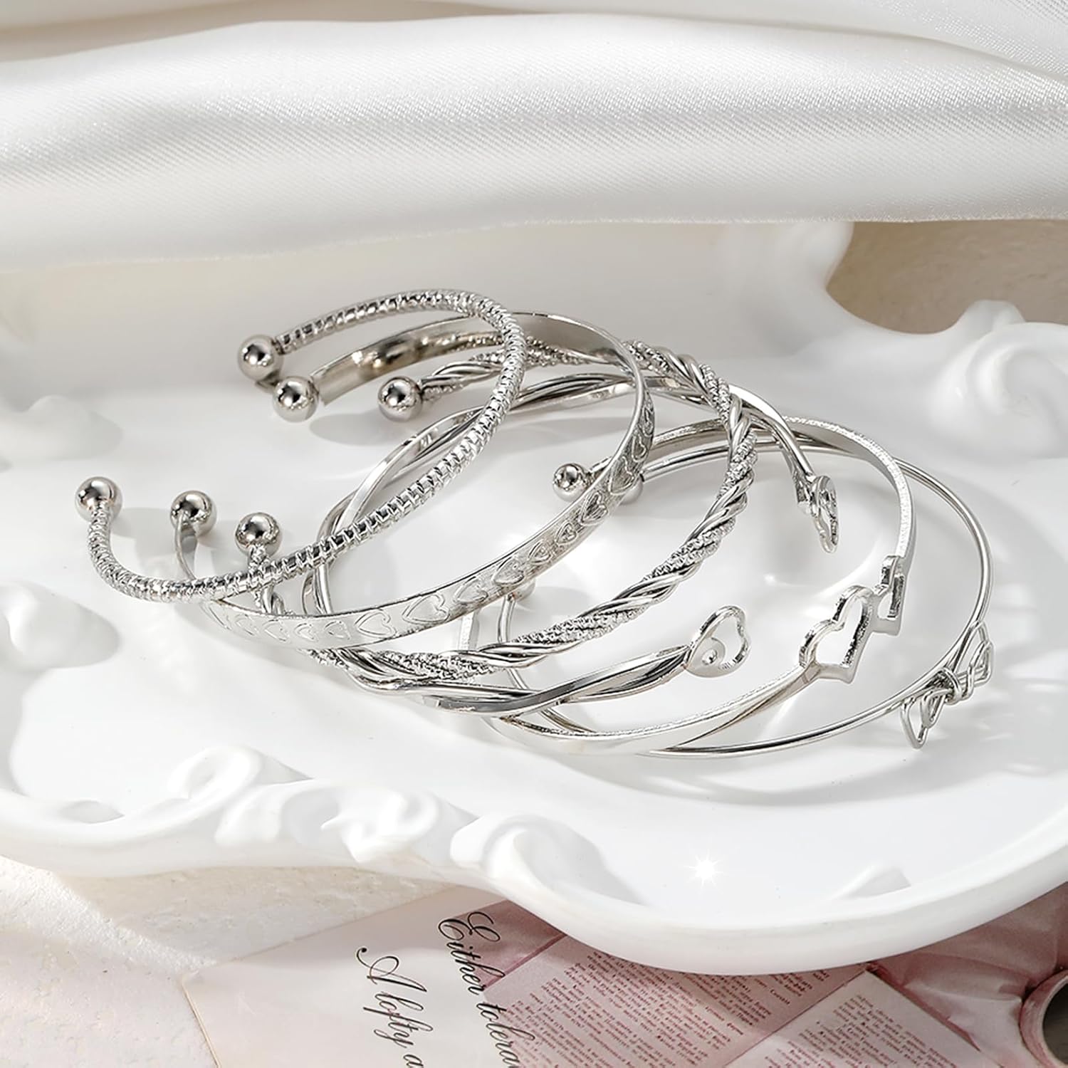 17IF Silver Bangle Bracelet for Women, 14k Multilayer Charm Textured Stackable Bracelets Lightning Bangles Indian Chunky Cuff Fashion Jewelry Gift - Image 6