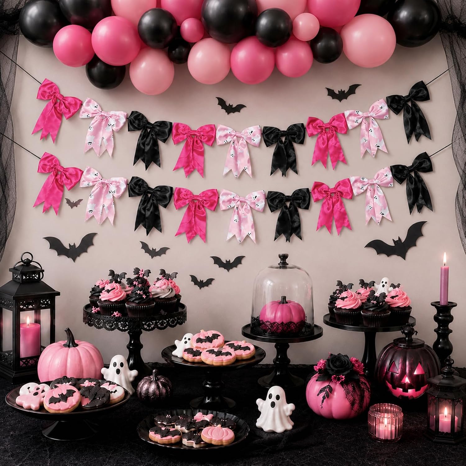 2 Strings Halloween Bow Garland 9.8Ft Pink Black Fabric Bow Banner Decor